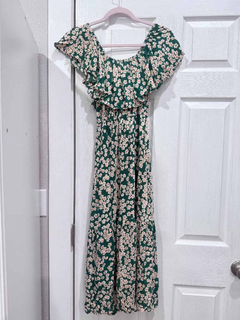 Fighting Eel Ava Sky green cherry blossom on/off the shoulder dress sz XS
